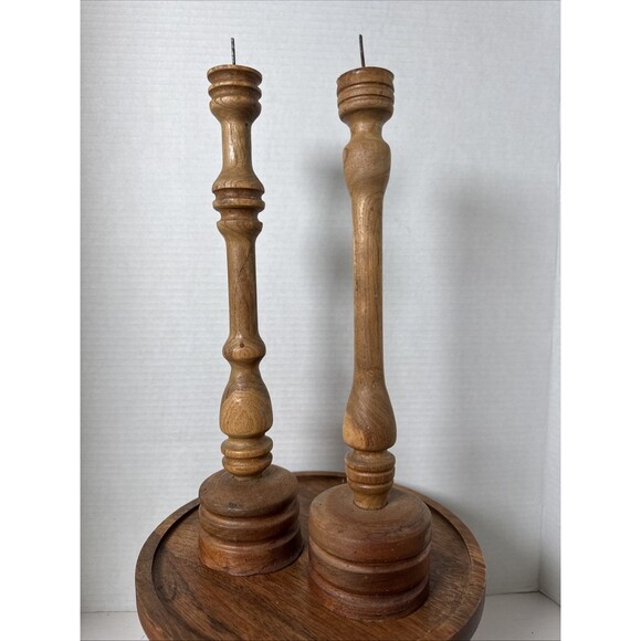 Vintage Handmade Wooden Spindle Candle Holders - Picture 1 of 10